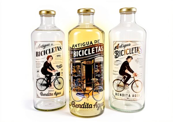 Bouteille verre Bendita Agua design vélo ancien 1 litre