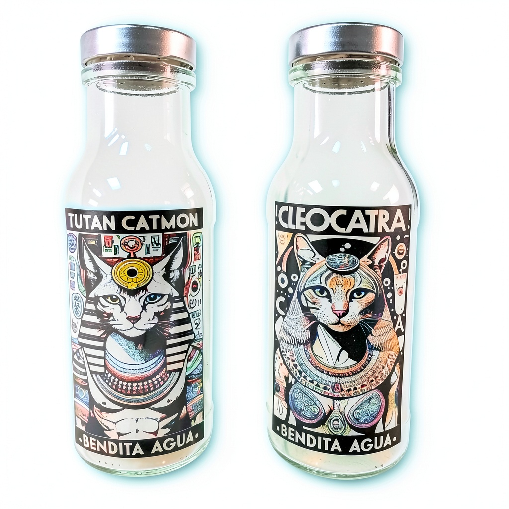 Bouteille en verre design chat sur une table de cuisine
