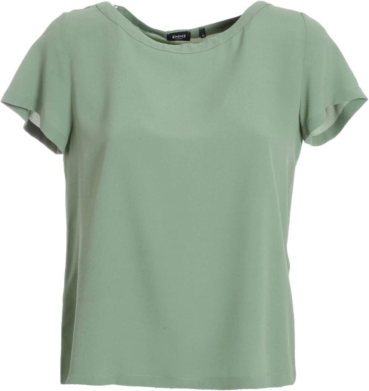 Blouse Emme Marella vert acétate portée en situation de bureau avec ordinateur portable