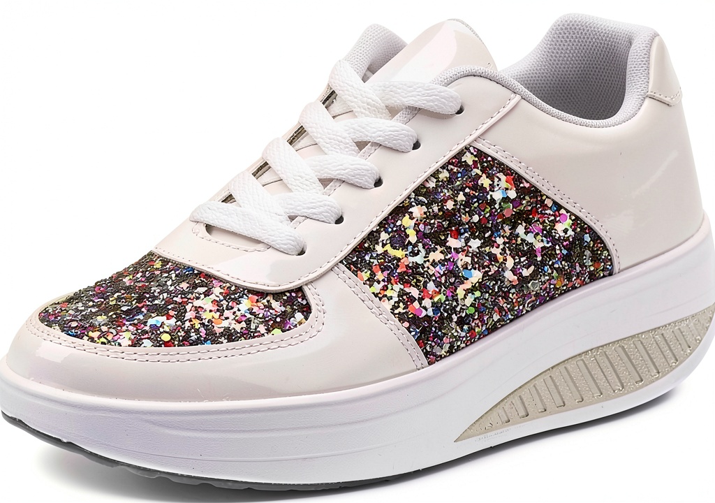 Sneakers Damen Beige Elegant portées lors d'une promenade en ville, vue en pied sur trottoir urbain
