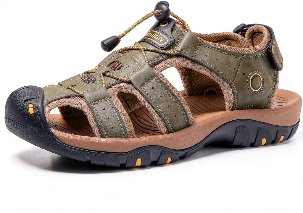 Sandales Tsuukuie portées en randonnée sur sentier rocailleux