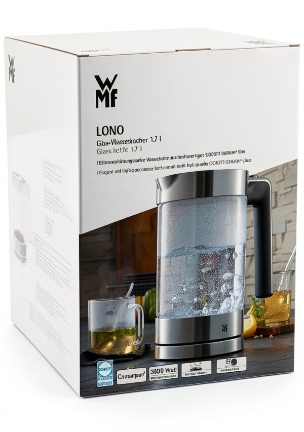 WMFBouilloire électrique en verre, Grande capacité 1,7 L, Finition Inox 18/10 Cromargan, Ultra rapide 3000 W, LONO 0413150011-10