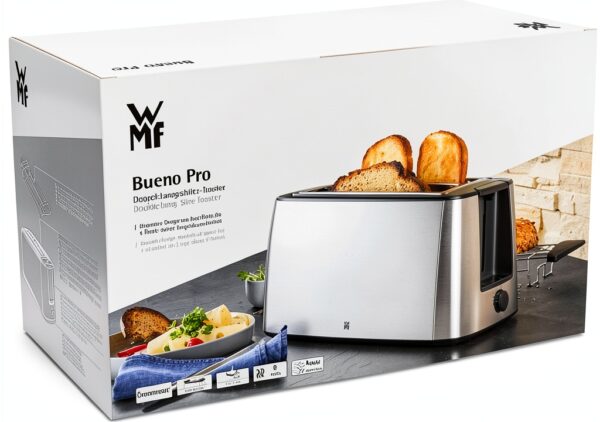 WMF Grill à fente longue Bueno Pro avec fixation par rouleau, 4 tranches, pain grillé XXL, fonction croustillante, 6 niveaux de brunissage, 1550 W, grille-pain en acier inoxydable mat-10