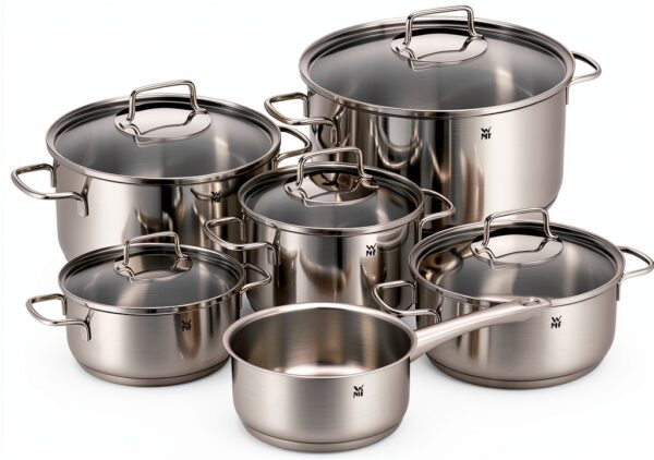 WMF Pot Set de 6 Pièces Astoria Bord verseur Couvercle en Verre Cromargan® en Acier Inoxydable Poli Induction Passe au Lave-Vaisselle NR 780166040-0